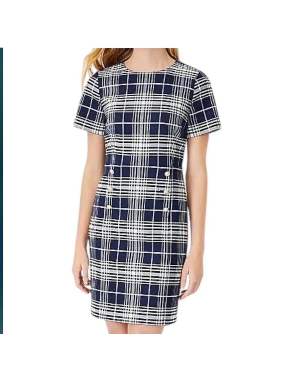 Ann Taylor Navy and White Plaid Short Sleeve Shift Dress